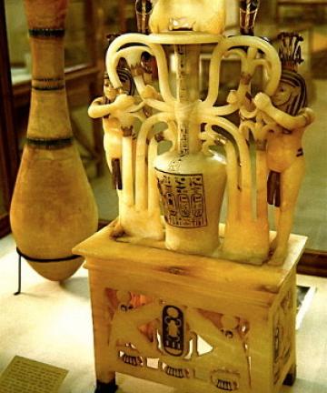 Alabaster perfume jar from the tomb of Tutankhamun in the Cairo Museum, F.Rytell via Wikimedia commons.