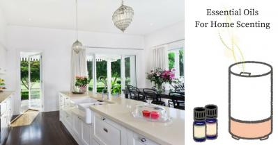 Modern open plan kitchen and drawing of diffuser with essential oil bottles