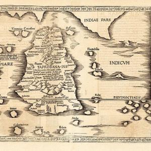 Ptolemy map of Sri Lanka and the Indian Ocean: Tabula XII Asiae 1535, 	 Michel Servet after Claudius Ptolemaeus via Wikimedia commons.